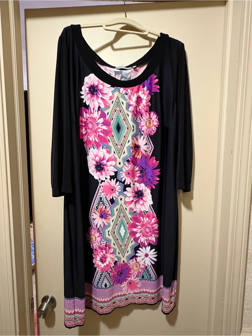 London Times Black Midi Dress with Pink Floral Center Panel